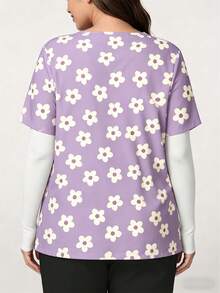 TaskEZ Plus Size Floral Print Short Sleeve Uniform Top - Multicolor - View 2