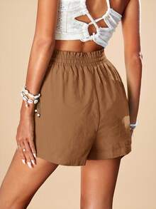 Travachic Pantalones cortos de mujer de unicolor con cordón en la cintura, para primavera - Caqui - Ver 2