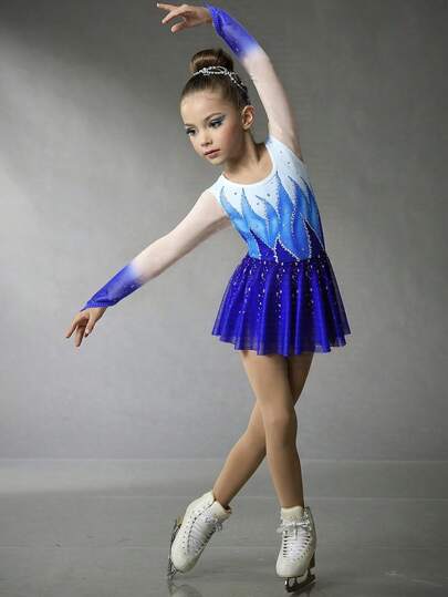 SHEIN Young Girls' Figure Skating Dress, Purple Ombre Sparkly Rhinestone Decorated Stretchy Silky Mesh Ice Skating Competition Costume