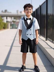 SHEIN 两件套青少年男童夏季休闲学院风绅士套装，撞色西装外套、马甲和松紧腰正式短裤，适合生日派对、晚宴、演出、婚礼等场合。 - 淺藍色 - 查看 4