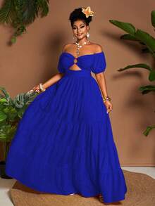 Maweii Plus Size Solid Color Off-Shoulder Short Sleeve Hollow-Out Fashionable Long Ruffle Hem Maxi Dress For Summer - Royal Blue - View 5