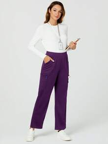 TaskEZ Solid Color Multi-Pocket Elastic Waist Straight Leg Pants, Scrub Uniform Bottom - Purple - View 6