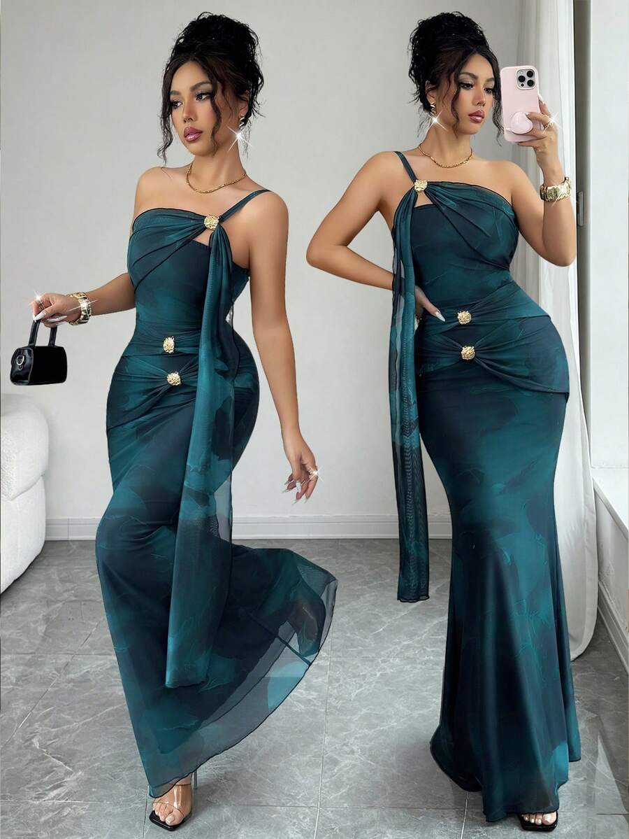 SHEIN Elenzya 优雅单肩美人鱼连衣裙，夏季 - 彩色 - 查看 1