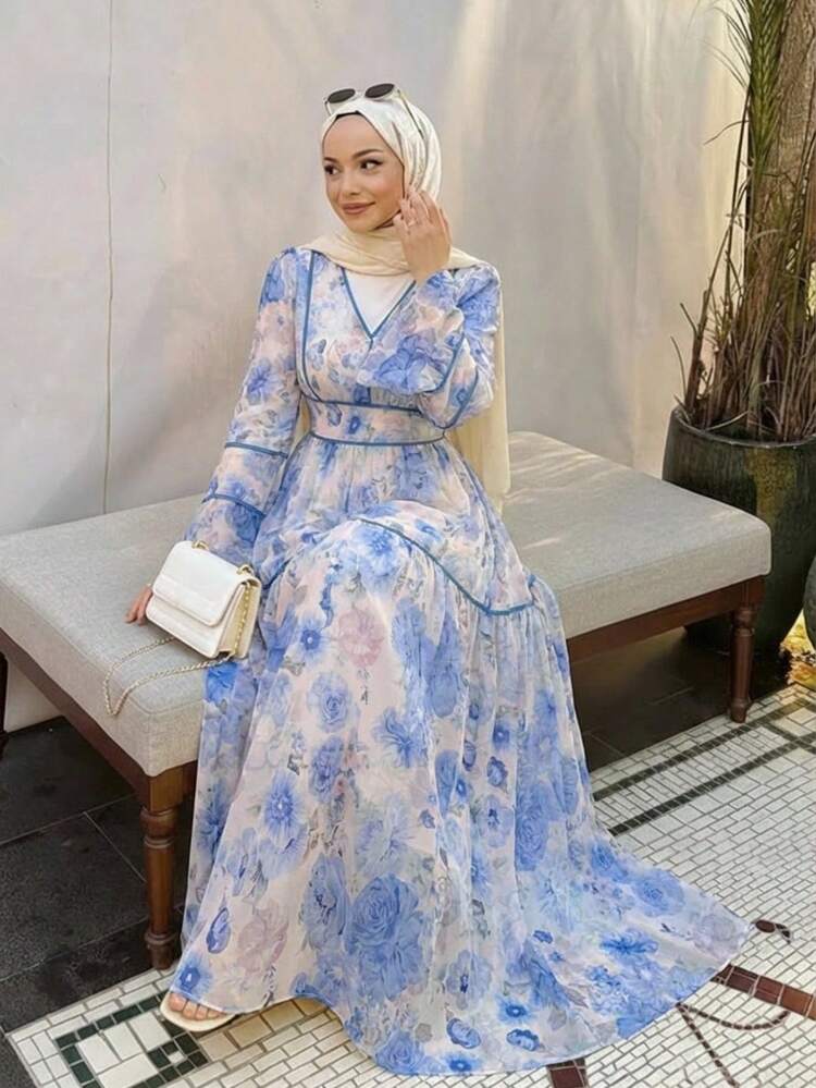 Women's Elegant Floral Patchwork V-Neck Petal Sleeve Mid-Length Dress, Suitable For Spring And Summer Boho