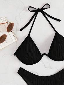 SHEIN Swim Summer Beach Plain Textured Halter Push Up High Cut Bikini - Black - View 6