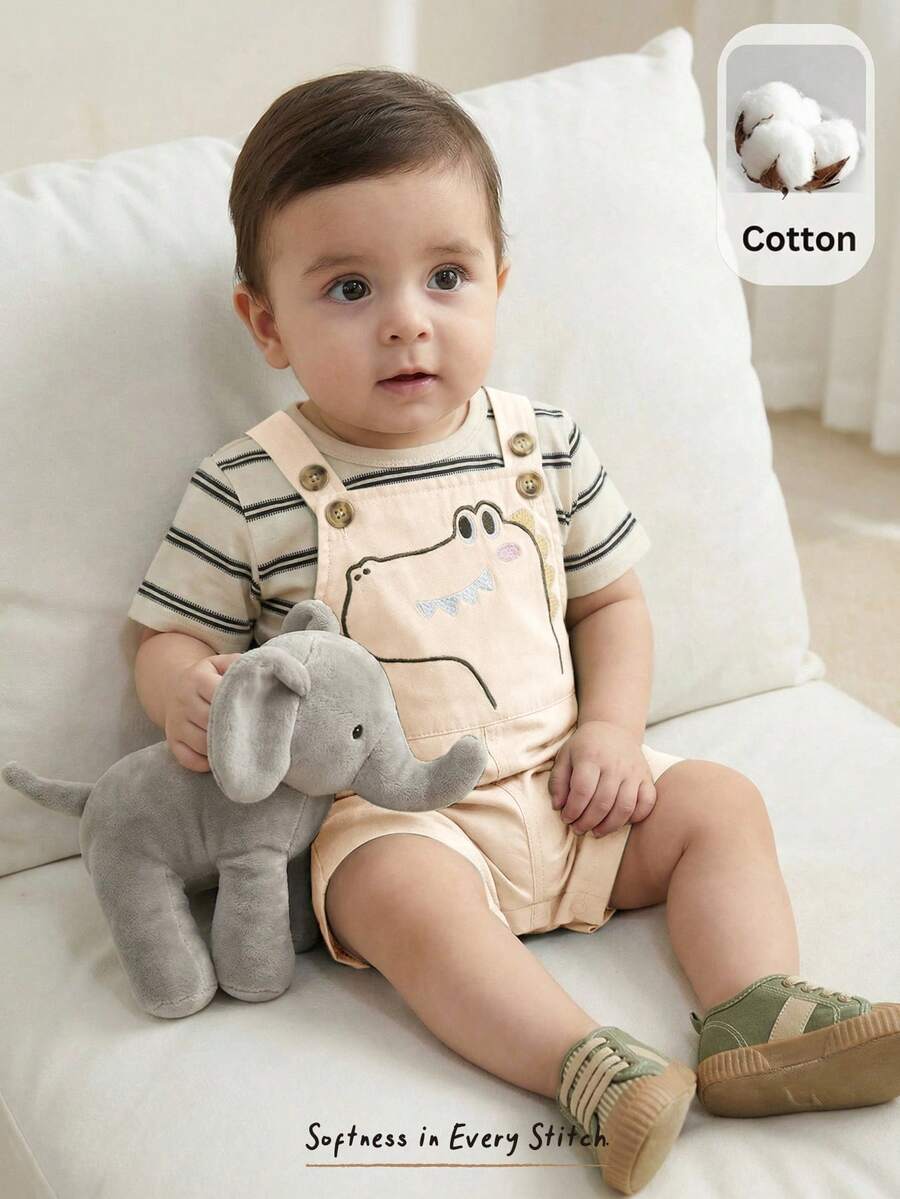 Cozy Pixies 2pcs Baby Boy Striped Pattern Knit Soft Round Neck Short Sleeve Pullover Top And Bib Shorts Set - Khaki - View 1