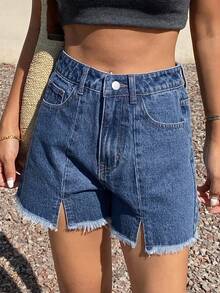 Livesso Women's Vintage Washed Frayed Hem Side Slit Casual Relaxed Straight Leg Denim Shorts, Suitable For Spring, Summer, Beach, Vacation - Light Wash - View 7