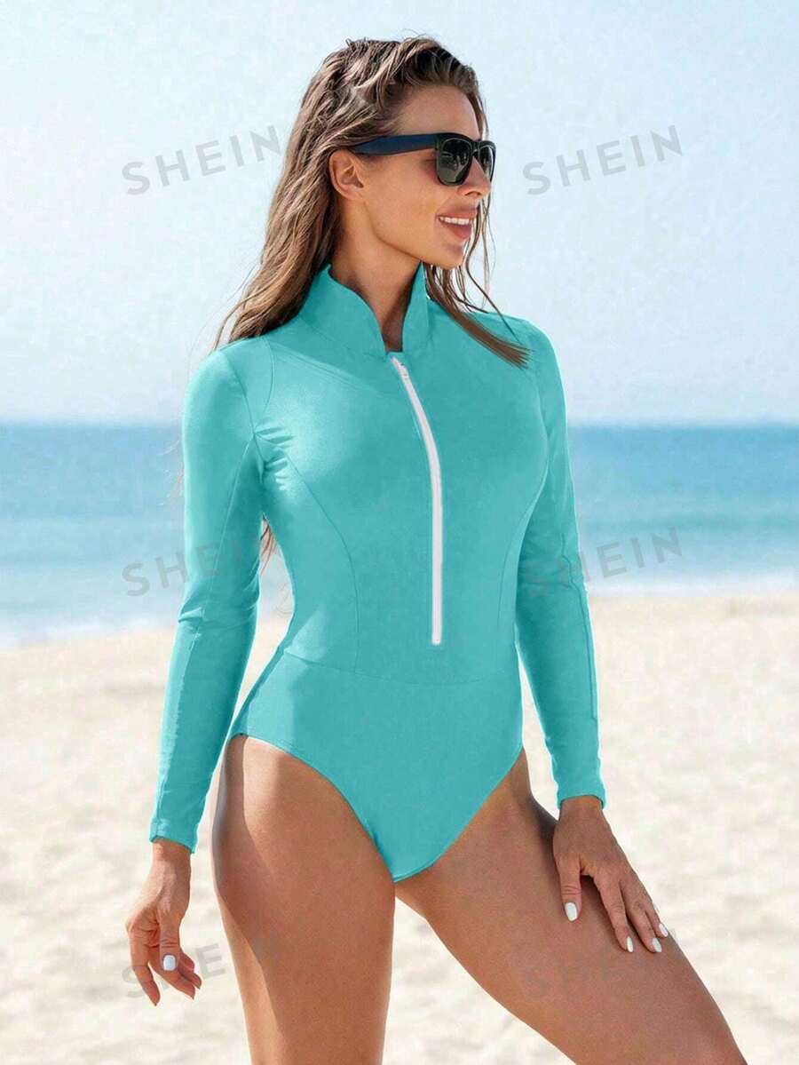 SHEIN Swim SPRTY 2025 女士度假沙滩冲浪服，立领款 - 霧霾藍 - 查看 1