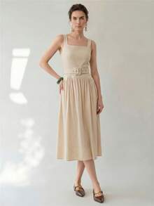 Uhlyne Uhlyne Váy dài vừa phải cổ chữ V dây rộng có thắt lưng cho nữ, xếp ly, đi làm, hẹn hò, dạo phố - Màu be - Xem 1