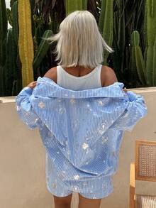 DAZY Vacation Style Striped Silver Foil Floral Pattern Loose Shirt Pajama Set For Women - Blue - View 2