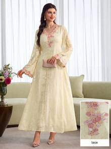SHEIN Najma Đầm dài tay màu hồng cổ chữ V thêu hoa thanh lịch dành cho nữ - Vàng nhạt - Xem 7