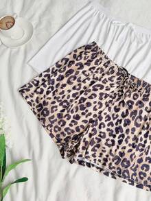 Dream Adore Conjunto de 3 piezas de pantalones cortos de pijama con cintura con cordón de unicolor y estampado de leopardo, adecuado para uso exterior, tallas grandes para mujer - Multicolor - Ver 6