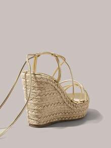 Styleloop Giày nữ màu mơ, dây gai rỗng, nhiều màu sắc, giày đế xuồng, sandal đế cao, giày quai ngang, giày nhẹ giúp tăng chiều cao, giày nữ phong cách bohemian cho kỳ nghỉ. - Vàng - Xem 6