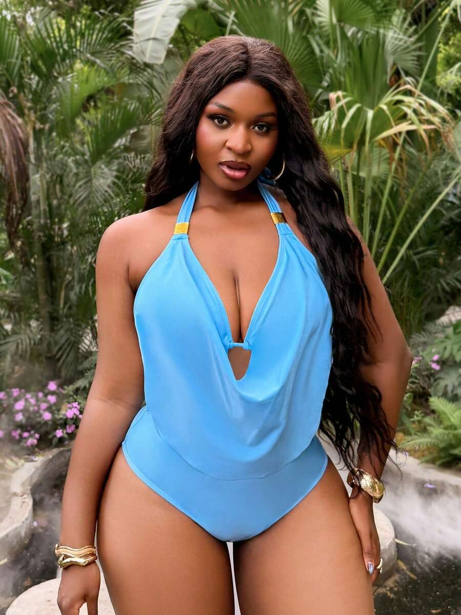 Slaydiva Plus Size Halter Backless Fashionable Plunging Neck Summer Bikini Top - Blue - View 1
