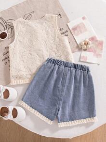 SHEIN Vintaside Kids 2件套少女夏季时尚蕾丝边无袖上衣和破洞牛仔短裤套装 - 彩色 - 查看 2