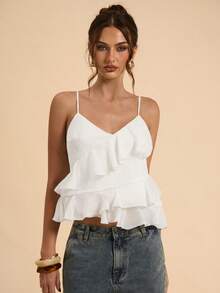 SHEIN BAE Áo hai dây bằng vải satin chiffon màu mơ, kiểu dáng bất đối xứng, viền bèo nhún, thích hợp cho nữ, trang phục xuân hè, bộ sưu tập xuân hè, mùa tựu trường, mùa tốt nghiệp, màu trắng tinh khiết, trang phục dự tiệc cưới, áo bèo nhún thanh lịch tối giản, kỳ nghỉ biển, trang phục dự tiệc cưới, áo chiffon mềm mại, bay bổng. - trắng - Xem 4