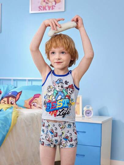 SHEIN | PAW Patrol Young Boy Letter & Cartoon Print Contrast Trim Round Neck Vest And Shorts Underwear Set