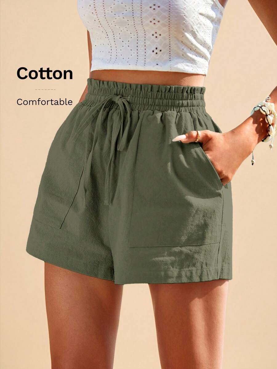 Travachic Pantalones cortos de mujer de unicolor con cordón en la cintura, para primavera - Verde militar - Ver 1