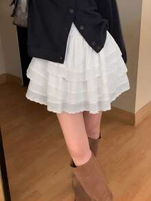 DAZY 女士蕾丝拼接短款优雅半身裙，白色，四季皆宜夏季 - 白色 - 查看 2