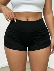 SHEIN EZwear 大码女式高腰褶皱纯色短裤 - 黑色 - 查看 7