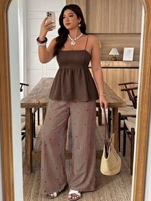 Bộ áo hai dây và quần short nữ cỡ lớn, kiểu dáng thường ngày, có bèo nhún ở gấu, thêu hình trái tim và họa tiết kẻ sọc, thích hợp cho mùa xuân/hè. - Nhiều màu - Xem 5