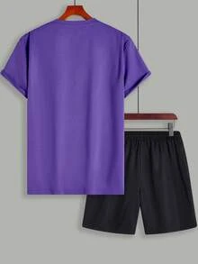 Manfinity Homme Men's Graphic Print Purple Short Sleeve T-Shirt And Black Slant Pocket Shorts Set - Multicolor - View 2