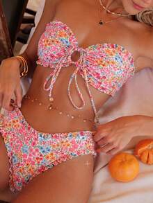 Swim Mod Set Bikini Tanpa Punggung Seksi Minimalis Motif Bunga Terbaru untuk Wanita, Cocok untuk Liburan Pantai - MultiWarna - View 1