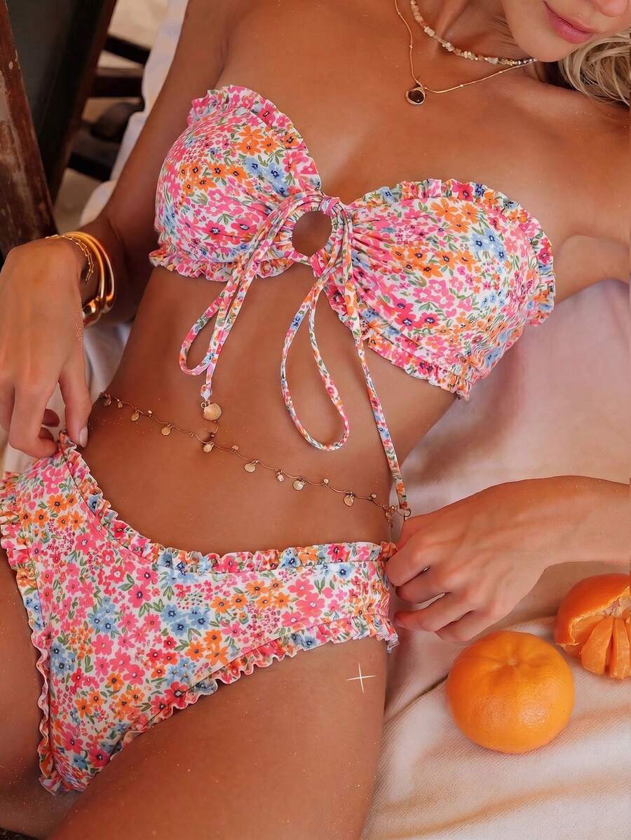 Swim Mod Set Bikini Tanpa Punggung Seksi Minimalis Motif Bunga Terbaru untuk Wanita, Cocok untuk Liburan Pantai - MultiWarna - View 1