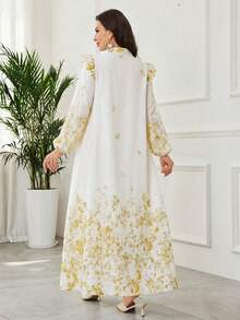 Al Najma Elegant Ruched Floral Dress With Headscarf, Arabic Style - Yellow - View 3