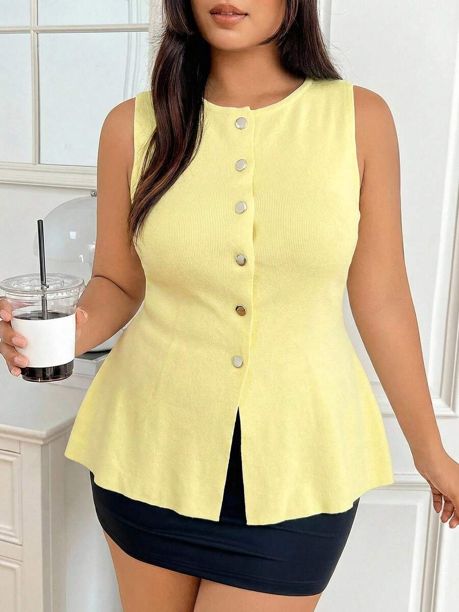 SHEIN EZwear 加大码黄色无袖针织背心,夏季清凉,商务休闲女士背心,纽扣针织上衣,女士无袖上衣,返校 - 黃色 - 查看 1