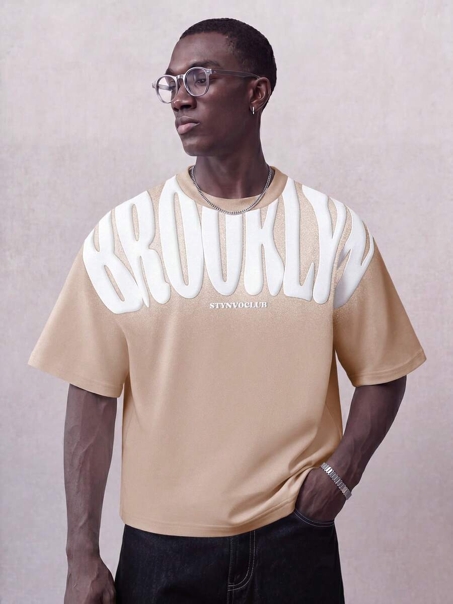 STYNVO Áo thun nam tay ngắn cổ tròn in họa tiết tối giản - Màu Khaki - Xem 1
