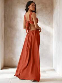 Hauture Women's Simple Solid Color Hollow Pleated Summer Dress - Orange - View 5
