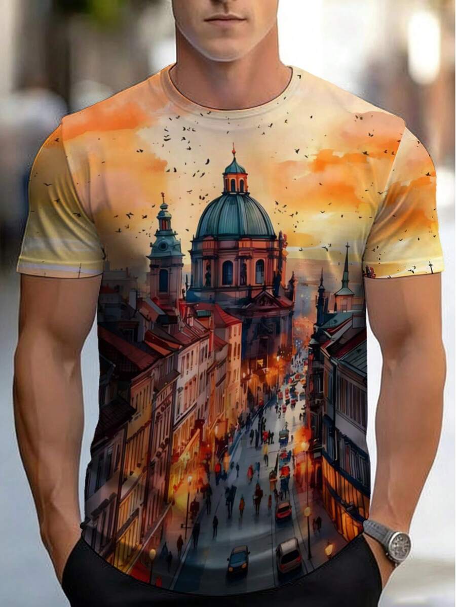 Manfinity LEGND Men's Prague Sunset Street Scene Loose Casual Round Neck T-Shirt - Multicolor - View 1
