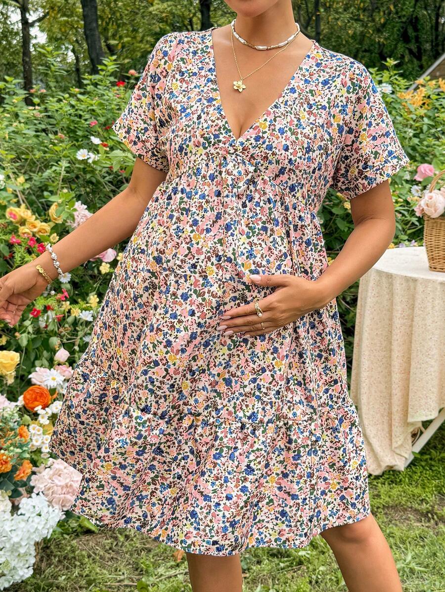 SHEIN 孕妇碎花荷叶边度假连衣裙 - 粉色 - 查看 1