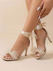 Sirith Fashion Sandals For Women, Bow Decor Stiletto Heeled Ankle Strap Sandals Valentines - Apricot - View 6