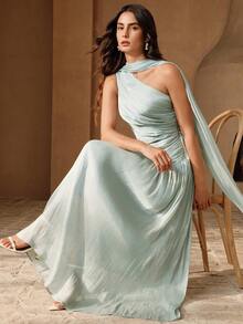 女士夏季连衣裙，亮面面料，不对称肩部设计，荷叶边装饰，优雅休闲假日婚礼派对连衣裙 - 淺藍色 - 查看 2