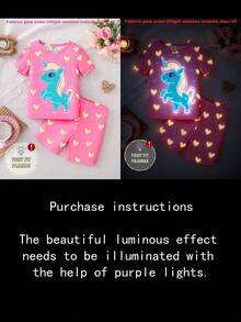 2pcs/Set Toddler Girls' Unicorn & Star Print Short Sleeve Top And Shorts, Knit Stretchy Fabric, Comfortable Soft Glow-In-The-Dark Pajamas For Summer - Pink - View 3