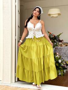 Celure Plus Size Women's Knit Camisole Lace Trim Tie-Up Flared Skirt 2-Piece Set,White Summer Curve Party Holiday Elegant Beach Vacation Outfits - Green - View 3