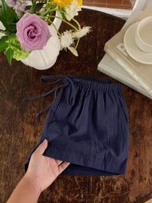 Comfortcana Pantalones cortos de mujer casuales y sueltos con cordón, pantalones cortos de lino de uso diario versátil en azul marino - Azul Marino - Ver 5