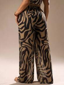 Auralis Plus Size Women Vacation Zebra Print Belted Wide Leg Jumpsuit Summer Beach Beach Outfit For Women Beach Outfits For Women Women's Elegant Beach Swimsuit - Black - View 2