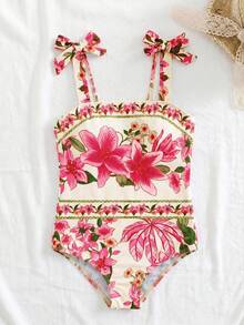 SHEIN 少女热带海滩碎花蝴蝶结装饰连体泳衣，适合夏季海滩度假，母女/姐妹亲子装，家庭度假/假日亲子装 - 彩色 - 查看 1