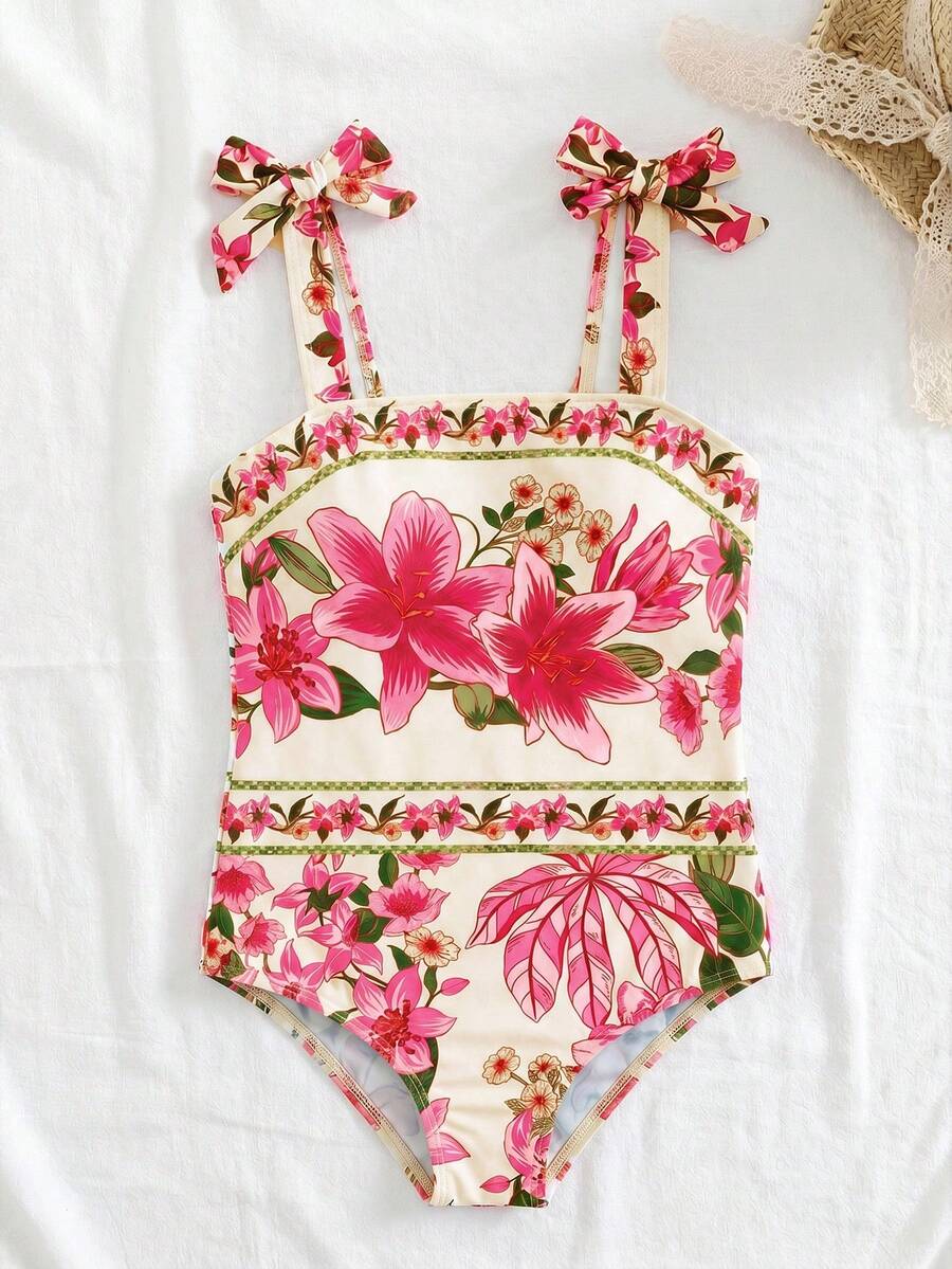 SHEIN 少女热带海滩碎花蝴蝶结装饰连体泳衣,适合夏季海滩度假,母女/姐妹亲子装,家庭度假/假日亲子装 - 彩色 - 查看 1