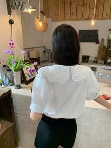 DAZY Women's Hollow Embroidered Petal Sleeve Single-Breasted Blouse Summer - White - View 2