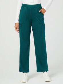 TaskEZ Solid Color Multi-Pocket Elastic Waist Straight Leg Pants, Scrub Bottom - Green - View 3