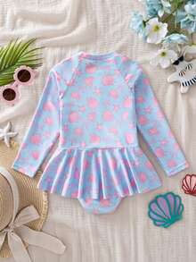 SHEIN Young Girl Starfish Print Long Sleeve One-Piece Swimsuit - Multicolor - View 4