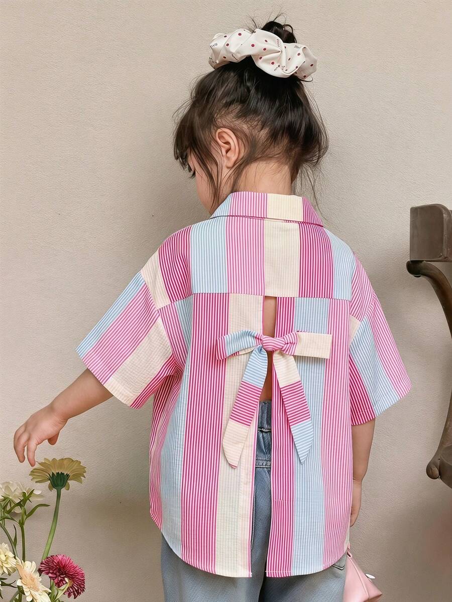 SHEIN 年轻女孩编织彩色条纹休闲衬衫 - 彩色 - 查看 1