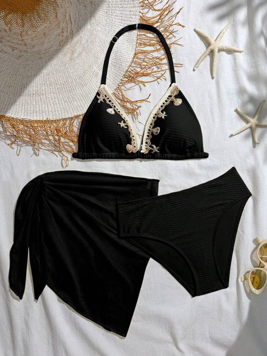 SHEIN 3pcs Teen GirlSwimsuit Set, Black Series, Beach Holiday Party, Spring/Summer - Black - View 1