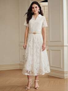 Anewsta Áo sơ mi nữ tay ngắn ren trắng thanh lịch, áo polo cổ chữ V duyên dáng, thích hợp cho đi làm, đi nghỉ mát, hẹn hò, trang phục dã ngoại. - trắng - Xem 4