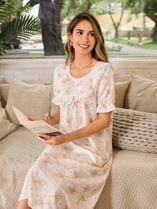 Serenescape Gold Romantic Floral Lace Ruffle Hem Women's Bubble Crinkle Nightgown - Apricot - View 3