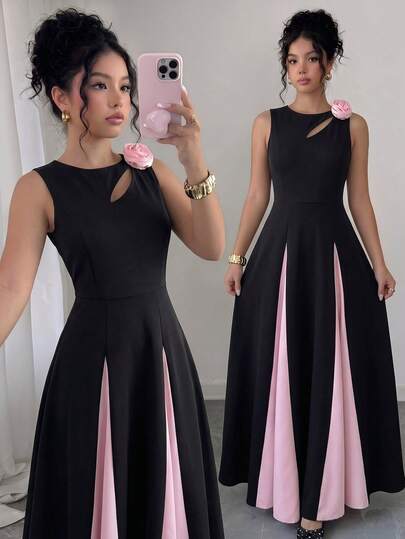 Tween Girl Colorblock 3D Floral Decor Elegant Sleeveless Dress
